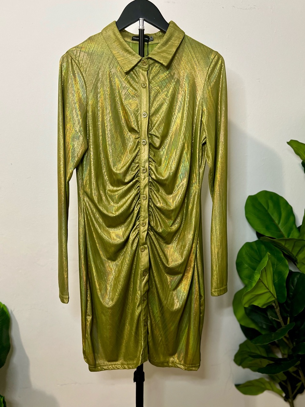 NWT PrettyLittleThing Metallic Olive Gold Ruched Button Front Mini Dress US 12